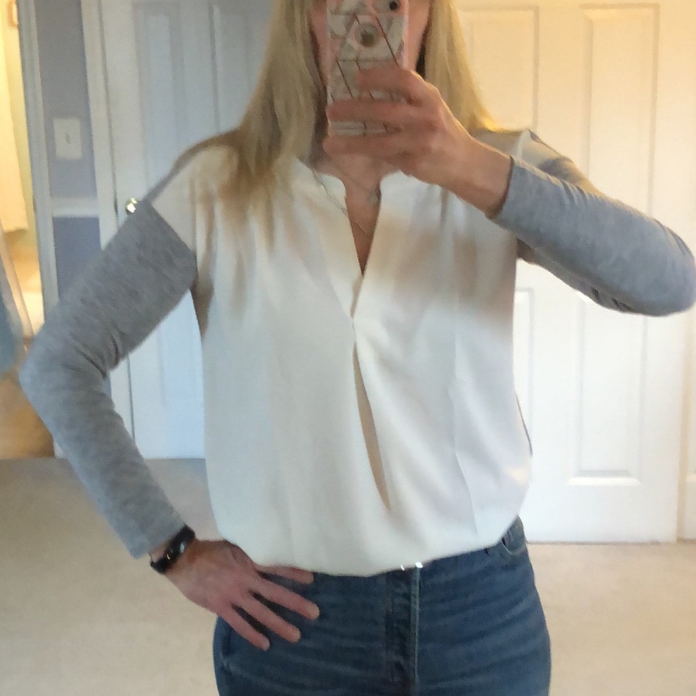 Loft mixed fabric l/s top, chiffon front & knit sleeves/back, size M petite, NWT